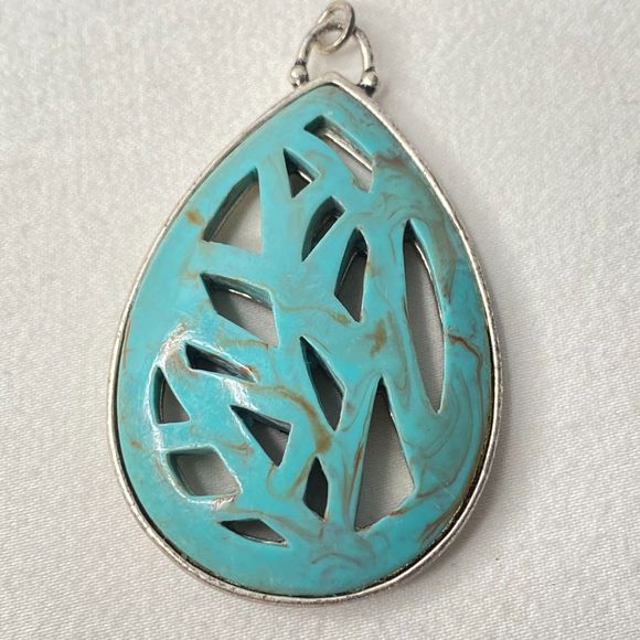 Teardrop Pendant Open Marbled Mint Green Stone Silver Tone Setting - Picture 3 of 8